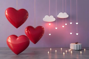 Romantic scene featuring three large glossy red hanging hearts suspended above a softly lit floor with floating heart lights and a gift box
