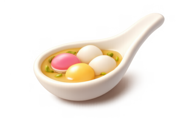 Ceramic soup spoon with colorful dessert composition for culinary design