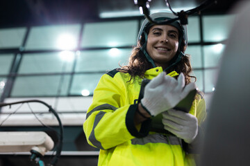 Confident female engineer wearing safety gear inspects industrial equipment and takes notes on digital tablet at modern factory facility. Workplace safety and technology integration concept.