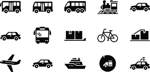 Transport icons collection, airplane bus train car ship ferry cable car tram metro bicycle motorcycle walking person vehicle travel, flat vector illustration