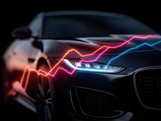 Automotive Graph Analysis: An eye-level shot captures a sleek, modern car illuminated by vibrant neon graphs superimposed over its design.