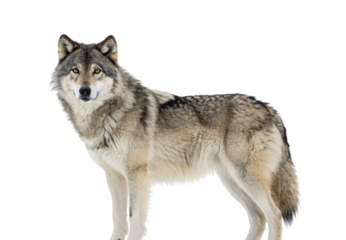Gray wolf standing alert with piercing eyes and thick winter fur, isolated on a transparent background
