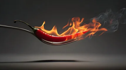 Keuken achterwand Hete pepers Red chili pepper on a fork on fire with smoke against a dark background  © Shadats Zone