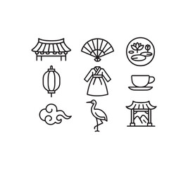 Traditional East Asian Heritage Icons Featuring Hanok Hanbok and Lotus Art