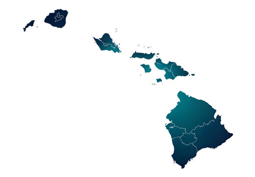Hawaii islands map with district borders in teal and navy gradient, isolated on a transparent background