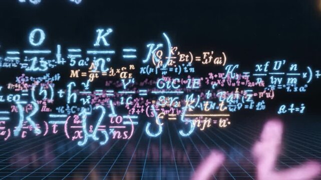 Neon mathematical formula equation glowing numbers science abstract technology digital grid physics algebra blue pink floating above retro grid floor with blue and pink light effects conveying