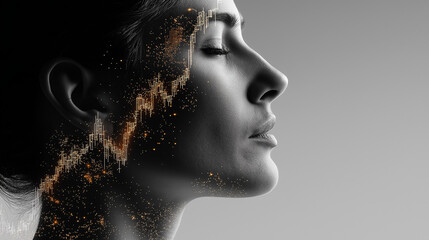 Mind's Canvas: A serene woman with eyes closed, the silhouette of her profile overlaid with a textured, golden, symbolizing the rich layers of the inner mind.