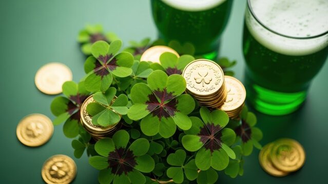 Four leaf clover with gold coin and green beer. St. Patricks day lucky charm. Traditional Irish holiday celebration background.
