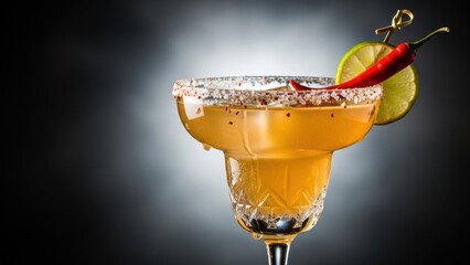 Spicy margarita cocktail with chili and lime garnish. Drink with spicy honey. Refreshing summer drink for celebration and happy hour.