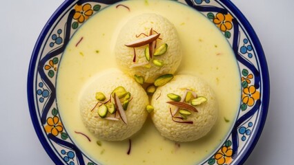 Bengali rasmalai sweet dessert with milk, saffron, and nuts. Traditional Indian food for celebration and festival.