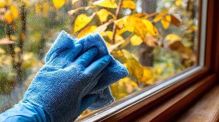 Gloved hand cleaning window glass with blue microfiber cloth during fall