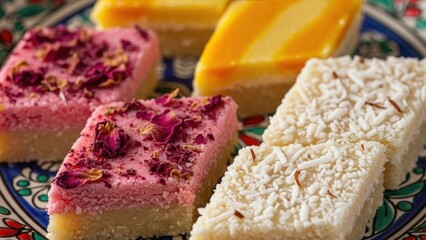 Colorful indian barfi sweet dessert for Diwali festival. Close up of traditional asian candy with rose petals, coconut, and mango flavors.