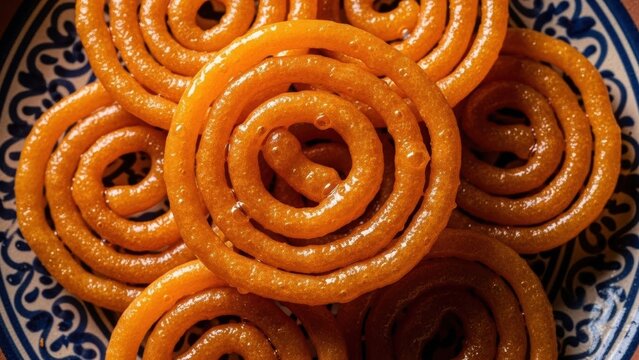 Sweet orange jalebi dessert for snack. Traditional Indian and Middle Eastern pastry. Delicious fried sweet food from Asia, often a street food.