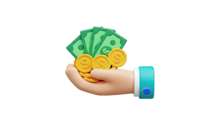 Hand holding money bills and coins