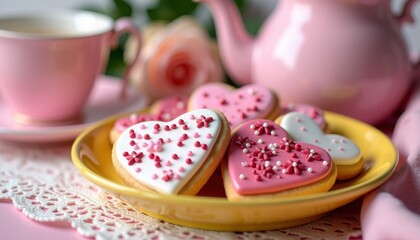 Heart-shaped cookies with pink icing and sprinkles,  perfect for Valentine's Day, festive gatherings, or decorative baking inspiration.
