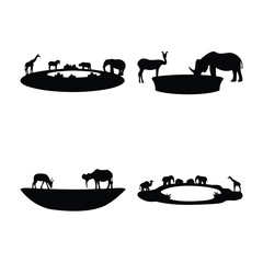 African wildlife silhouettes gathered at waterholes, showcasing various safari animals © Atique0125