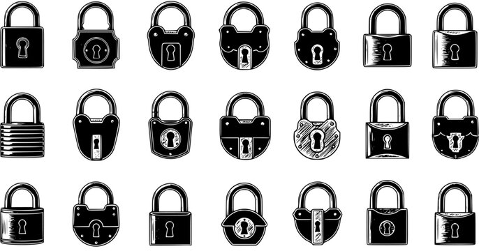 Collection of vintage and antique padlocks with diverse shapes and keyhole designs. Set of classic security locks in black and white outline style, isolated on white.