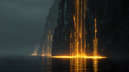 A cinematic, hyper-realistic 3D render of a monolithic obsidian rock face with cascading vertical streams of glowing molten amber light. The luminous trails resemble fiber-optic liquid fire falling in