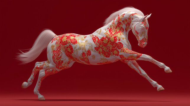 A majestic horse, adorned with an intricate floral pattern, gallops gracefully against a vibrant backdrop, embodies elegance and freedom.