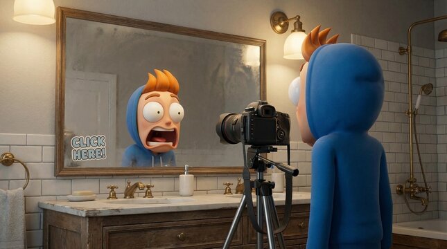 Funny 3D cartoon content creator practicing exaggerated shocked face in a realistic bathroom mirror with a camera. Concept of making clickbait thumbnails and social media fakeness.