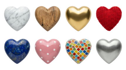 Heart shape collection including marble, wood, gold, knit, lapis, polka dot, mosaic, and steel variants isolated. Romantic gift and love concept set.