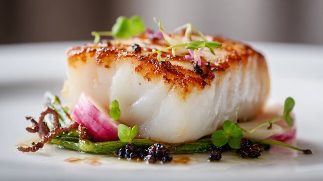 Seared monkfish with crisp exterior, minimalist plating
