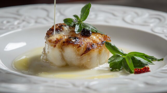 Seared monkfish with crisp exterior, minimalist plating