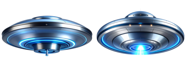  Futuristic Silver UFO Saucer Emitting Blue Light Beam, Bottom View, Isolated on Transparent Background PNG