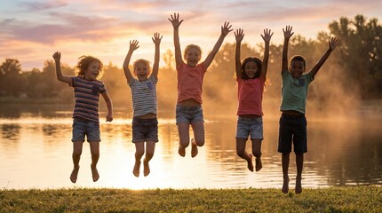 Obraz premium Group of happy children jumping together at lakeside during sunset joyful playtime natural beauty outdoor scene