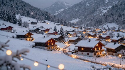 Snowy mountain village with illuminated houses and pine trees