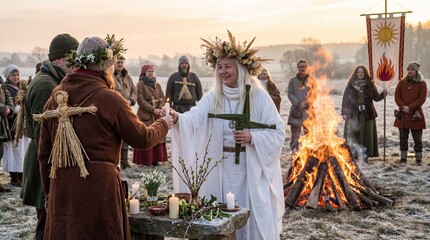 Imbolc celebration of brigid in frosty landscape cultural ritual nature outdoor gathering pagan traditions