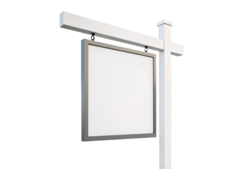 Blank white real estate sign hanging from wooden post with gray frame, isolated on a transparent background