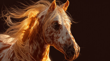 An elegant horse with a spotted coat, illuminated by warm sunlight, its flowing mane catching the breeze, creating a sense of motion and grace.