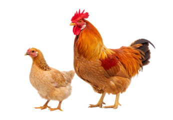 Orange rooster standing next to brown speckled hen on white studio background, isolated on a transparent background