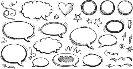 Set of chalk doodle vector icons on black background. Hand drawn sketch style hearts, stars, arrows, speech bubbles, and geometric shapes for grunge, chalkboard, and creative design.