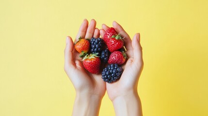 Close up of hands holding fresh berries as a healthy snack, showcasing vibrant colors and textures, perfect for wellness and nutrition concepts.