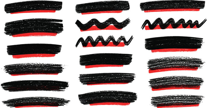 Mega bundle of different ink brush strokes:rectangle,square and round freehand drawings.Ink splatters,grungy painted lines,artistic design elements:waves,circles,triangles.Vector paintbrush set.