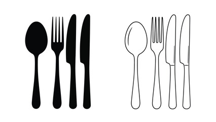 Black and white illustration of cutlery spoons forks and knives displayed © MdEmran