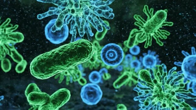 Microscopic view of green bacteria and blue virus particles floating fluid with cellular texture and glowing contrast showing microbial interaction pathogen microbe microorganism cell microscopic