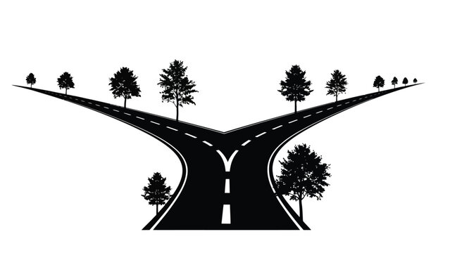 A diverging road splits into two paths among silhouetted trees