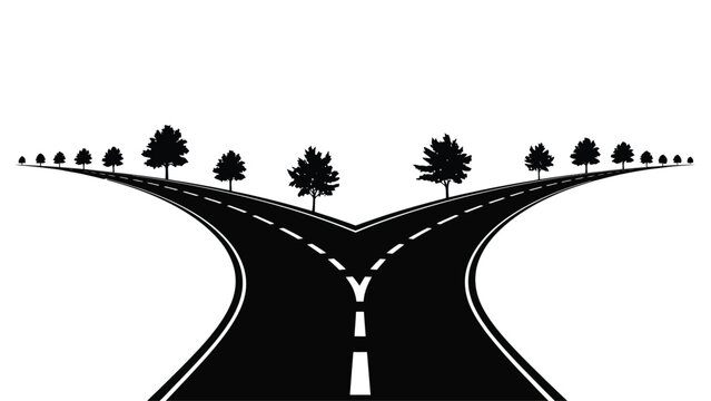 A diverging road leads into the distance framed by silhouetted trees