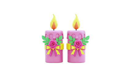 Two Pink Candles with Roses and Yellow Bows