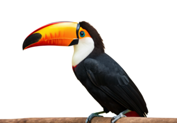 Toco toucan with orange black beak perched on branch side, isolated on a transparent background