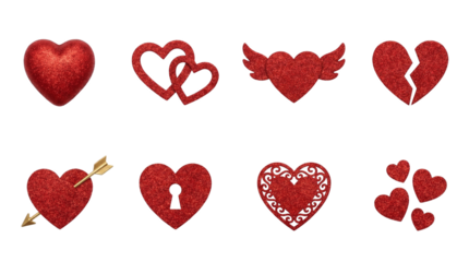Red glitter heart set including interlocking, winged, broken, and arrow pierced shapes isolated. Valentine and romantic decorative elements.