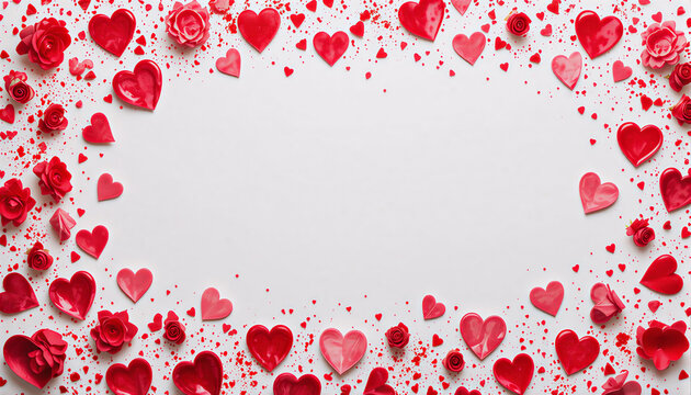 Czerwone serca i r&oacute;że na białym tle, walentynkowa ramka z miejscem na tekst, miłosna kompozycja 