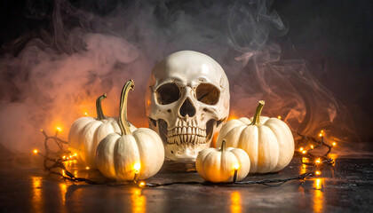 Realistic human skull surrounded by three white pumpkins and orange string lights on dark smoky background, eerie festive scene.