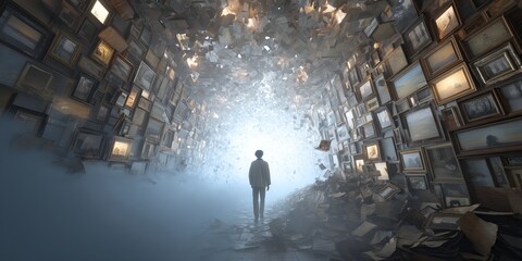 Journey into the unknown: a person stands at the edge of an ethereal realm, surrounded by images, with an aura of mystery and self-discovery.