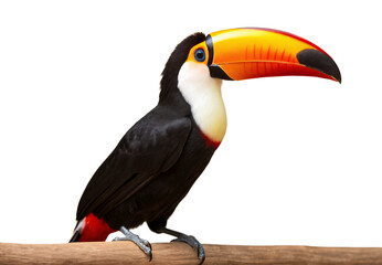 Obraz premium Toco toucan with vibrant orange beak perched on wooden branch, isolated on a transparent background