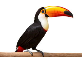Toco toucan with vibrant orange beak perched on wooden branch, isolated on a transparent background