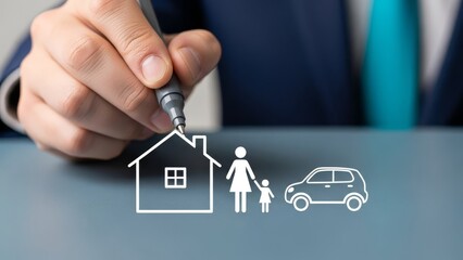 Person sketching a house, family, and car symbolizing insurance and protection for assets.